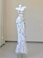 White Floral Elegant Sweet Sophisticated Long Chiffon Ball Gown Evening Dress Party Dress