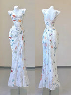 White Floral Elegant Sweet Sophisticated Long Chiffon Ball Gown Evening Dress Party Dress
