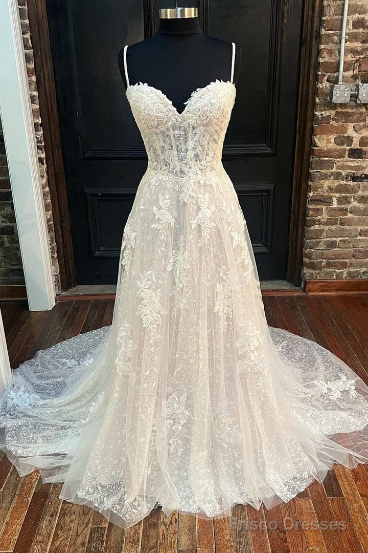 White Floral Lace Sweetheart Straps A-Line Long Bridal Gown Sexy