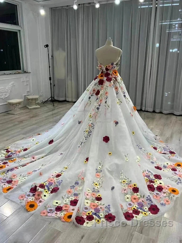 White Floral Sweetheart Long Sleeves Ball Gown Formal Prom Dress