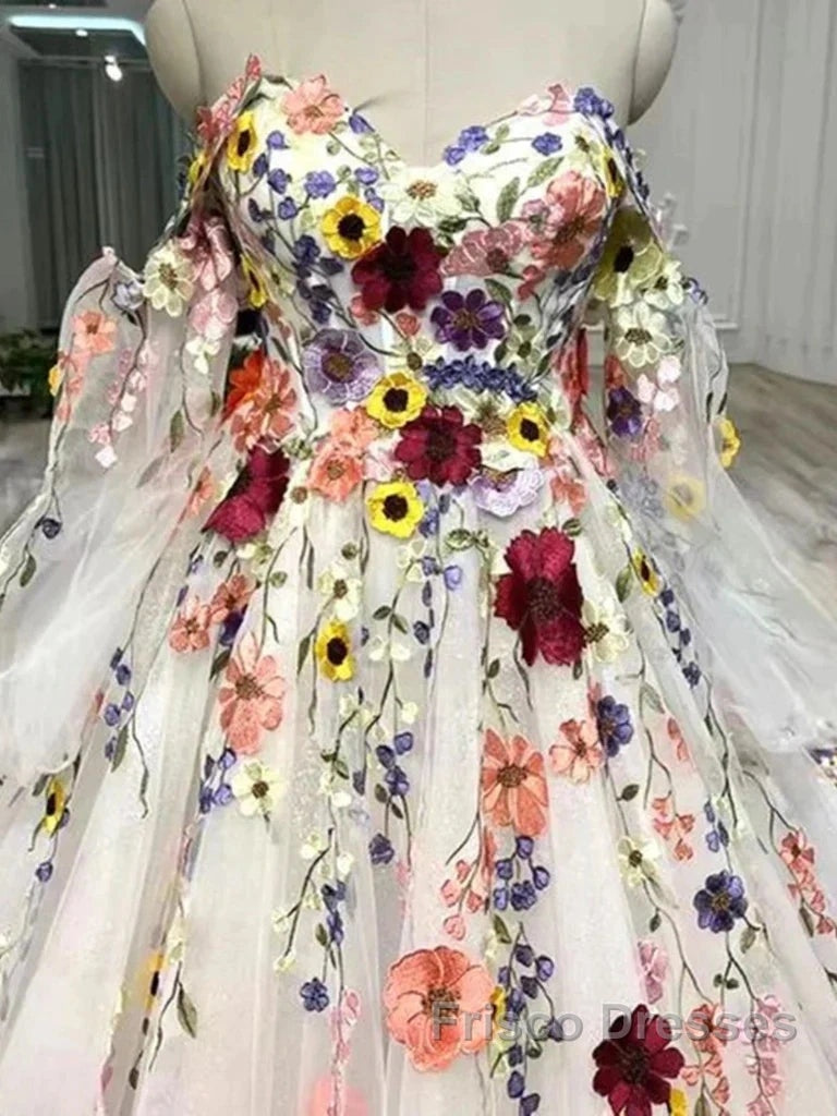 White Floral Sweetheart Long Sleeves Ball Gown Formal Prom Dress