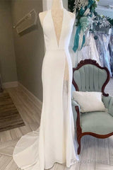 White Halter Open Back Mermaid Long Wedding Dress V-Neck