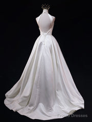 White Halter Simple Satin Backless Long Weddign Party Dress, White Long Formal Dress