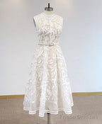 White High Neck Tulle Lace Prom Dress, Lace Formal Party Dress