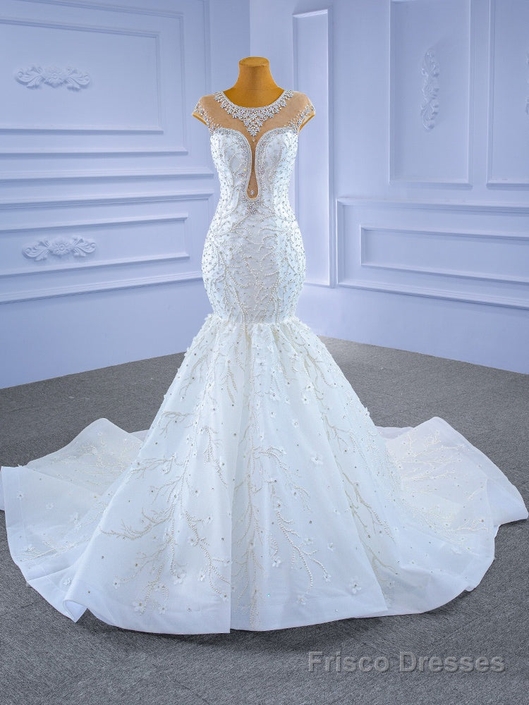 White Illusion Mermaid Tulle Cap Sleeve Beading Wedding Dress Main image