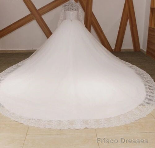 White/Ivory Long Sleeve Lace Muslim Wedding Dress Uk High Neck Bridal Gown