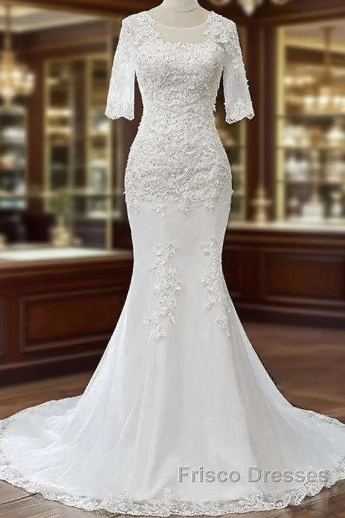 White Jewel Half Sleeve Mermaid Wedding Dress Main image