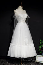 White Lace A-Line Tea Length Formal Prom Dress