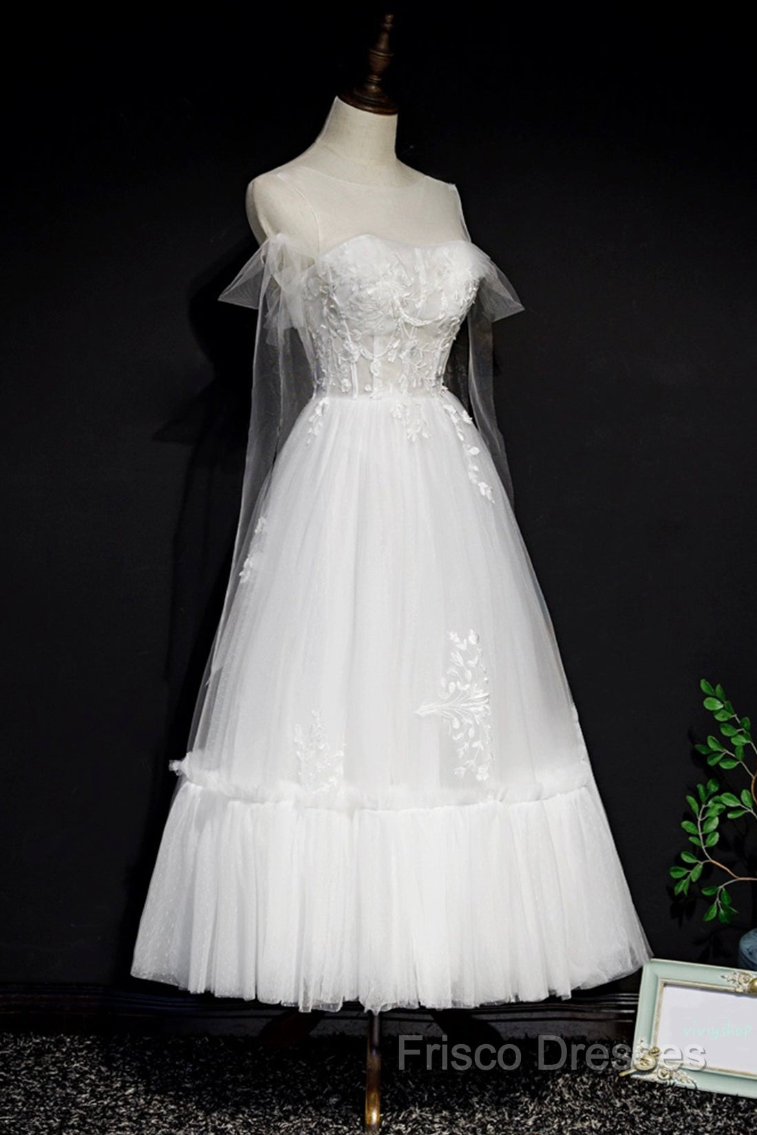 White Lace A-Line Tea Length Formal Prom Dress