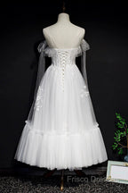 White Lace A-Line Tea Length Formal Prom Dress