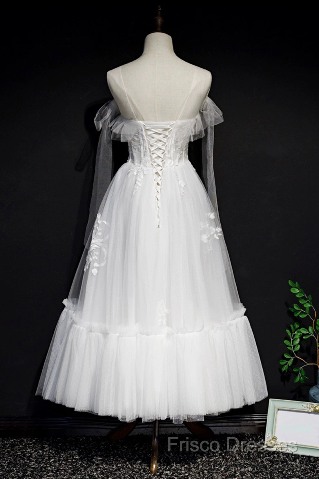 White Lace A-Line Tea Length Formal Prom Dress