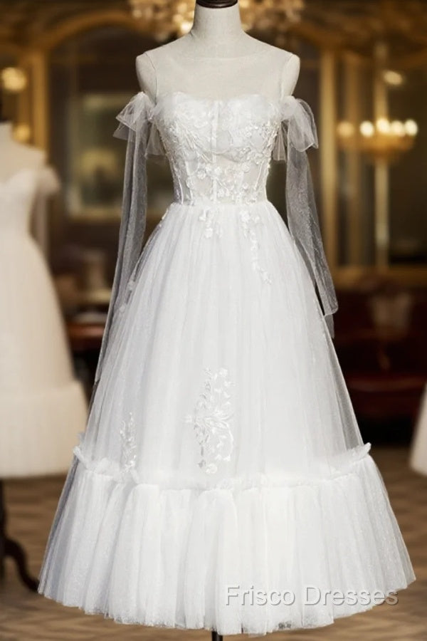White Lace A-Line Tea Length Formal Prom Dress