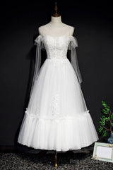 White Lace A-Line Tea Length Prom Dress