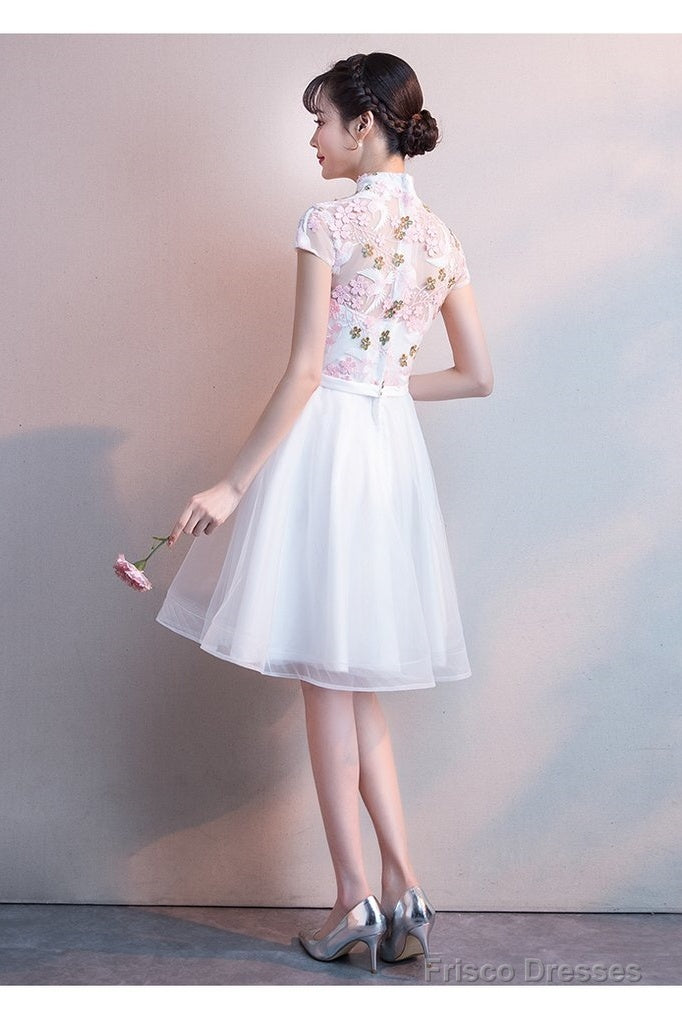 White Lace And Tulle High Neckline Short Graduation Dresses, Lovely White Short Homecoming Dress Secondary image