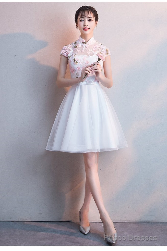 White Lace And Tulle High Neckline Short Graduation Dresses, Lovely White Short Homecoming Dress Main image