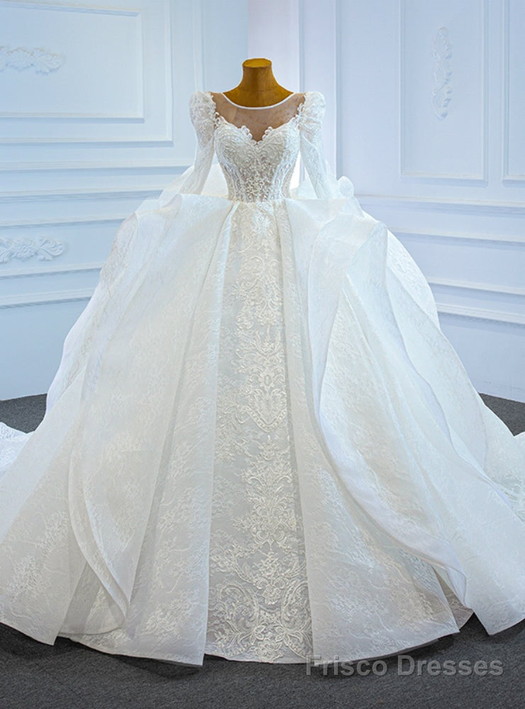 White Lace Ball Gown Long Sleeve Beading Wedding Dress Main image