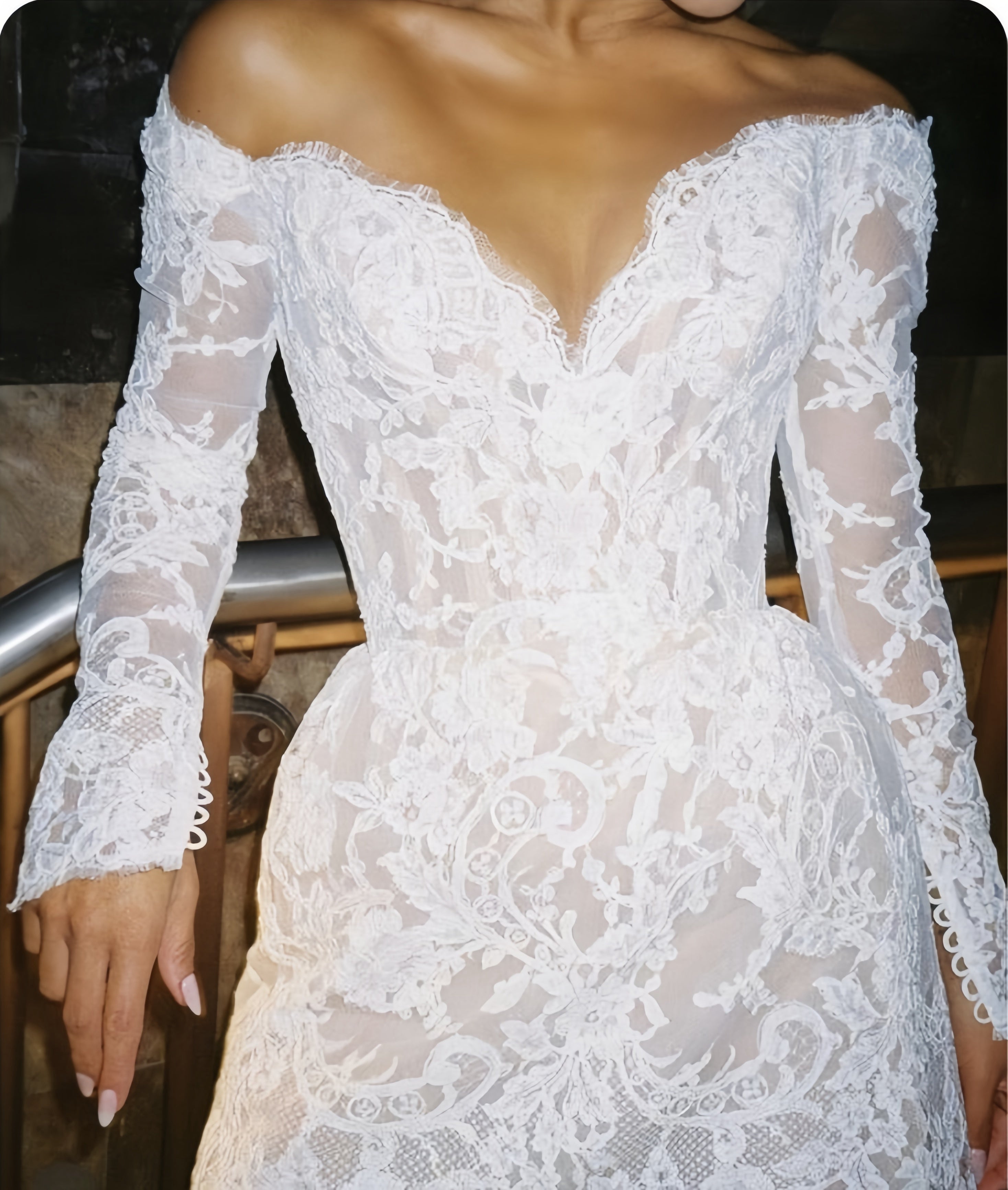 White Lace Bridal Dresses, Long Sleeves Mini Wedding Gown, – Frisco Dresses