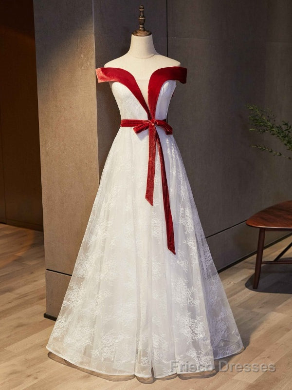 White Lace Burgundy Velvet Off the Shoulder Prom Dress Main image
