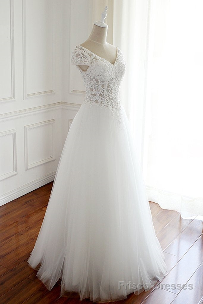 White Lace Cap Sleeves Tulle Floor Length Party Dress, A-line White Wedding Dresses Main image