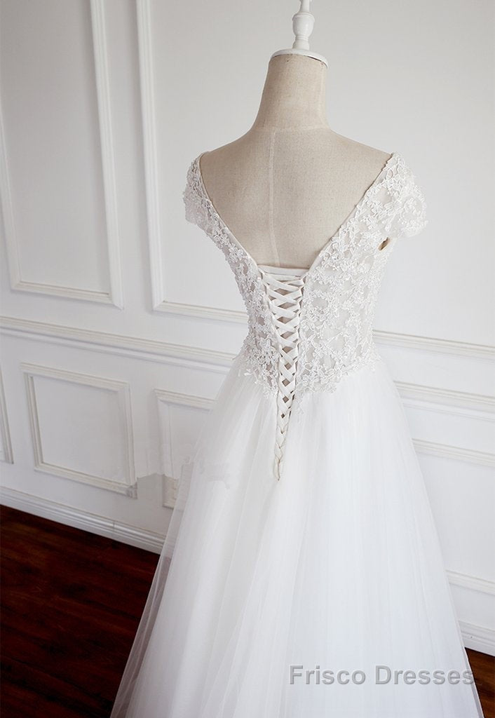 White Lace Cap Sleeves Tulle Floor Length Party Dress, A-line White Wedding Dresses