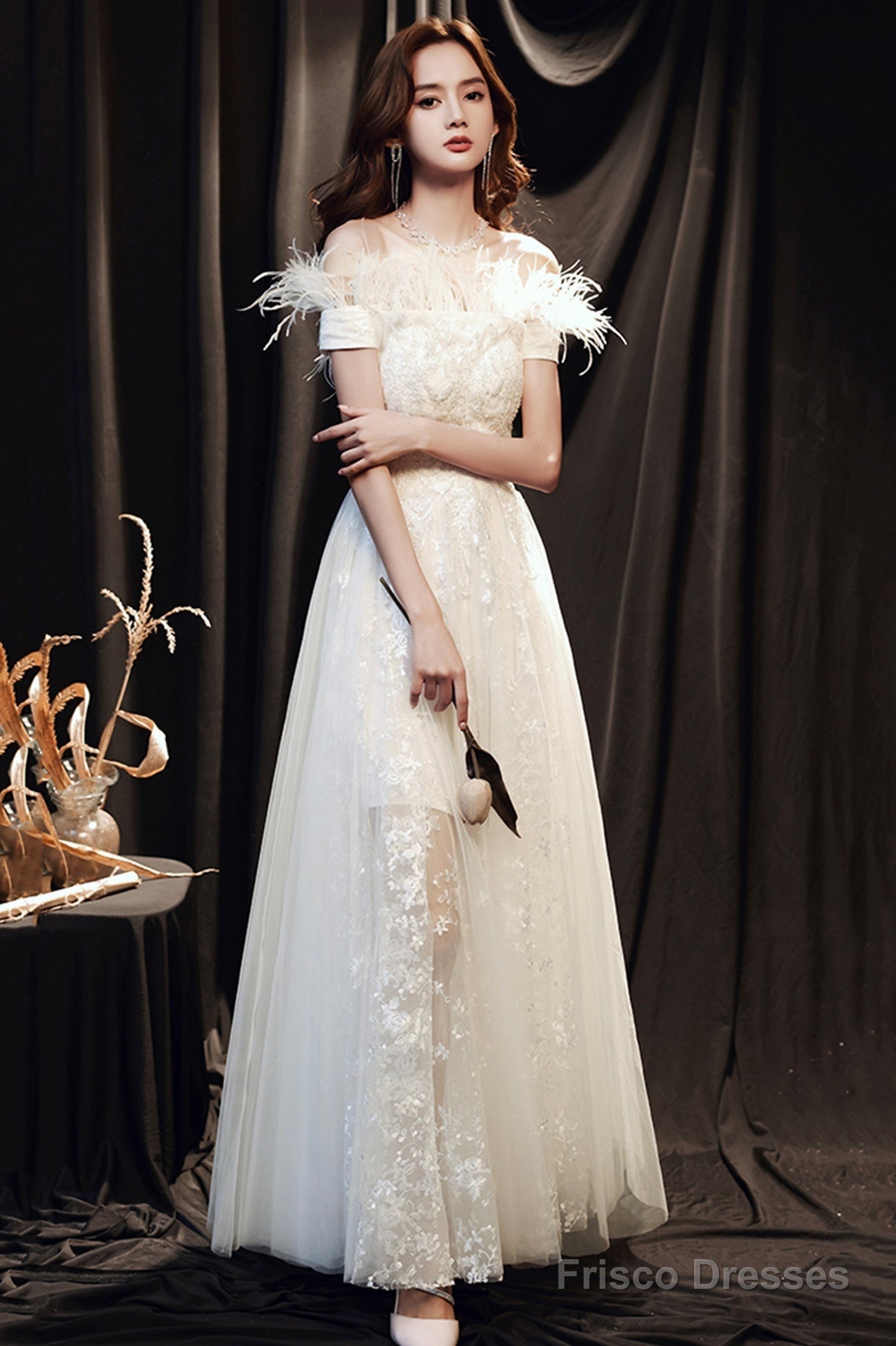 White Lace Long A-Line Prom Dress With Feather, Off The Shoulder Evening Dress