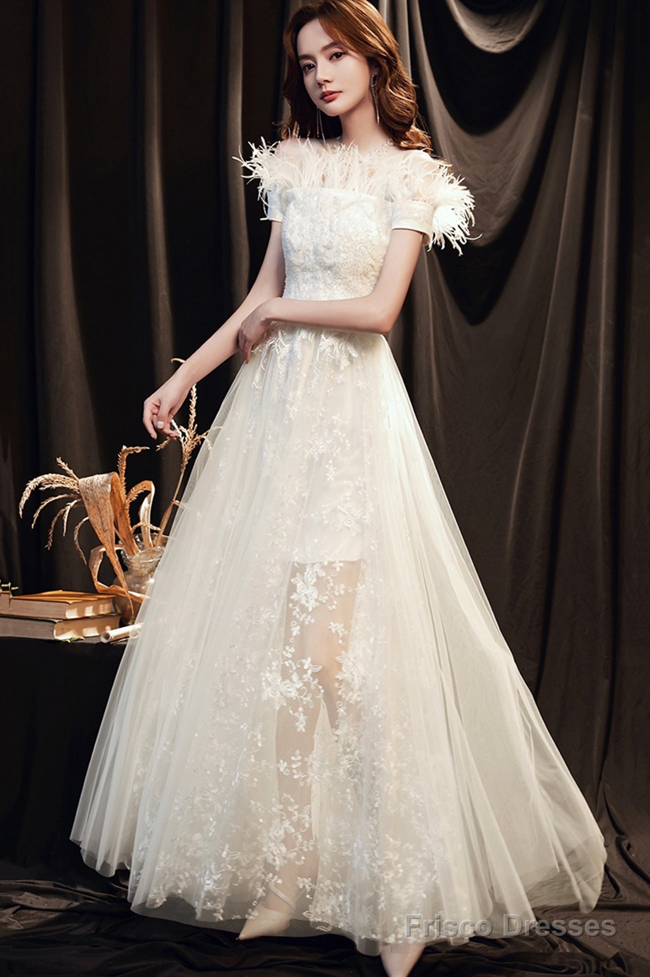 White Lace Long A-Line Prom Dress With Feather, Off The Shoulder Evening Dress Main image