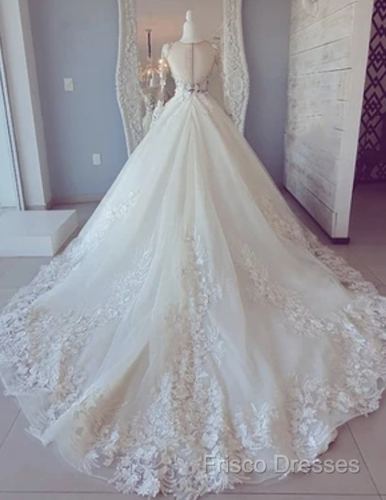 White Lace Long Sleeve Ball Gown Formal Prom Dress Wedding Dress