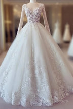 White Lace Long Sleeve Ball Gown Formal Prom Dress Wedding Dress