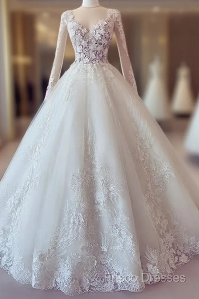 White Lace Long Sleeve Ball Gown Formal Prom Dress Wedding Dress