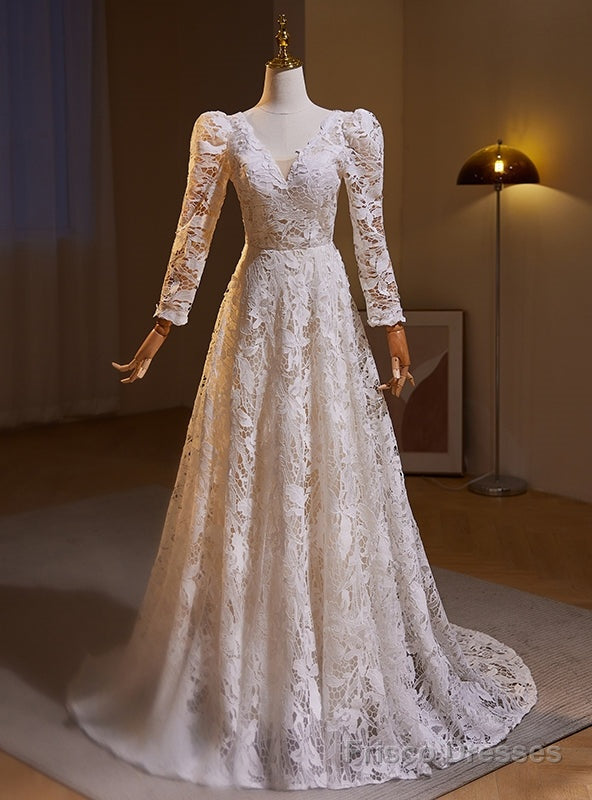 White Lace Long Sleeve V-neck Wedding Dress Main image