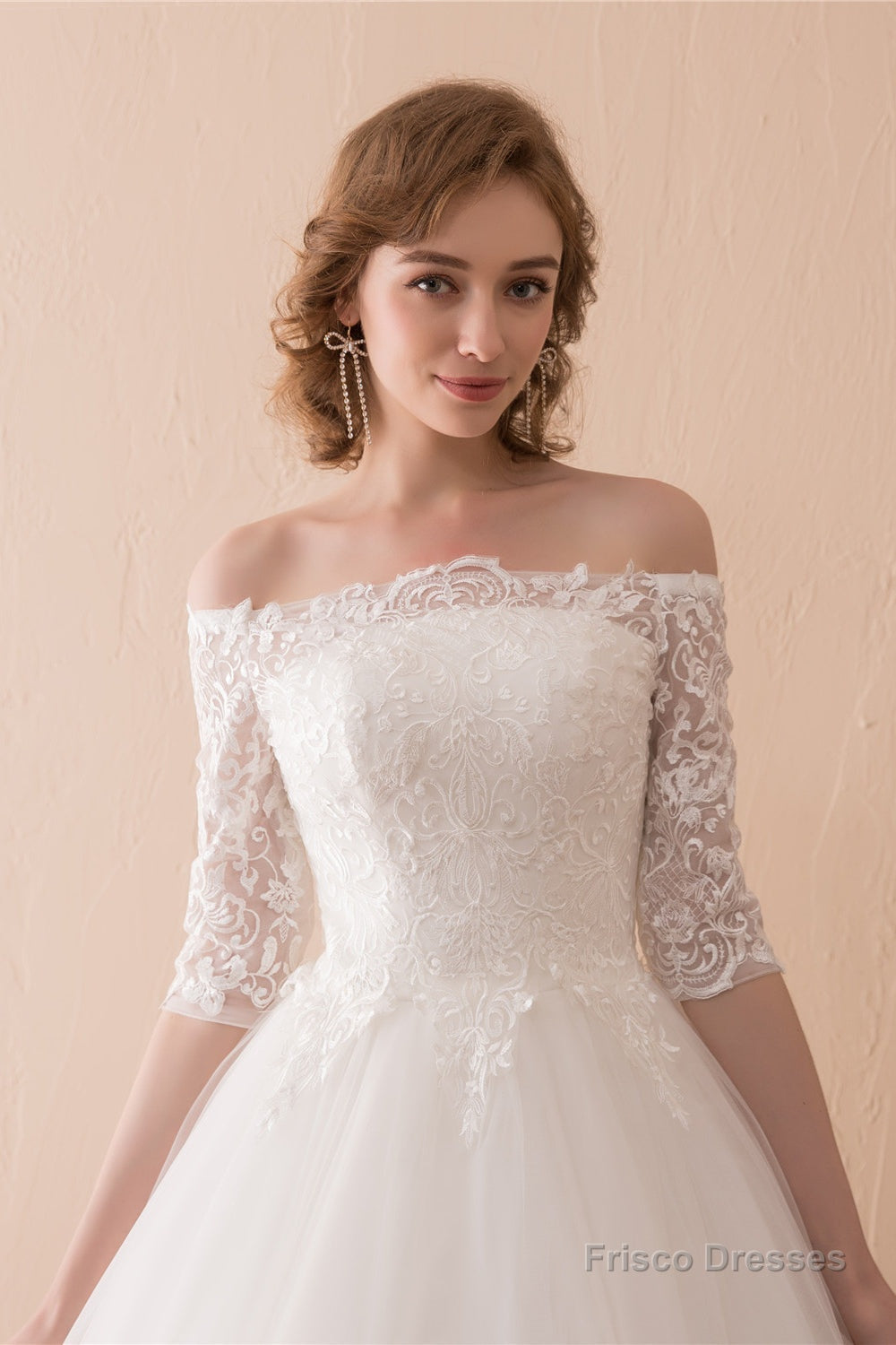 White Lace Long Sleeves Off Shoulder Strapless A Line Floor Length Wedding Dresses