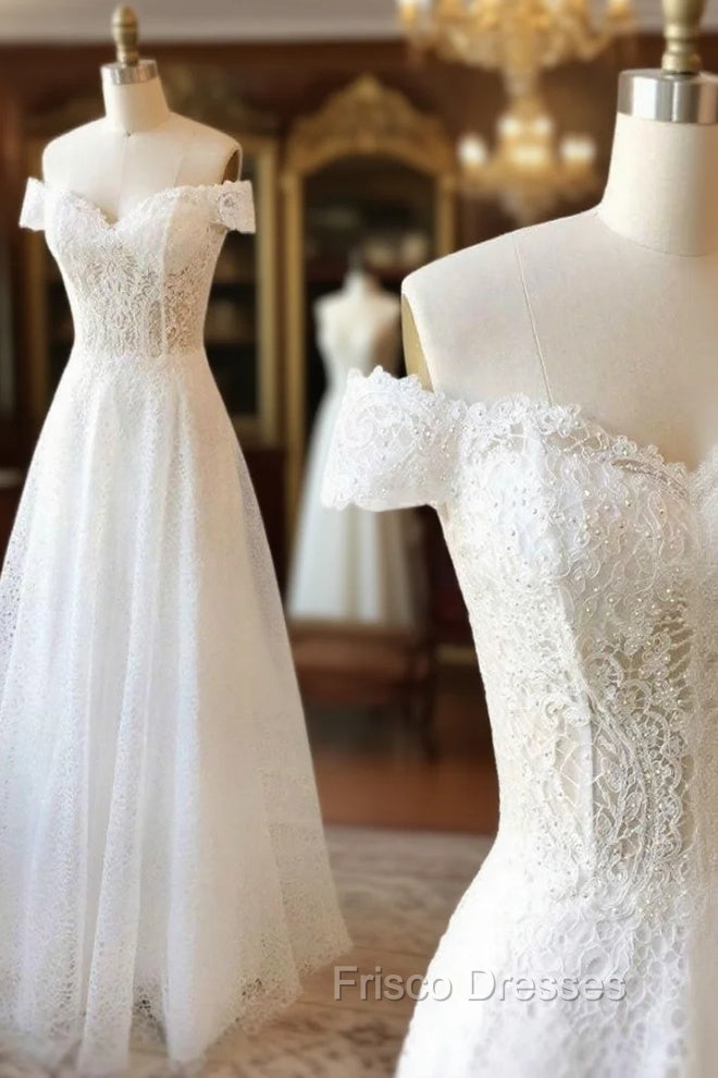 White Lace Off Shoulder Long Formal Prom Dress White Lace Evening Dress Main image