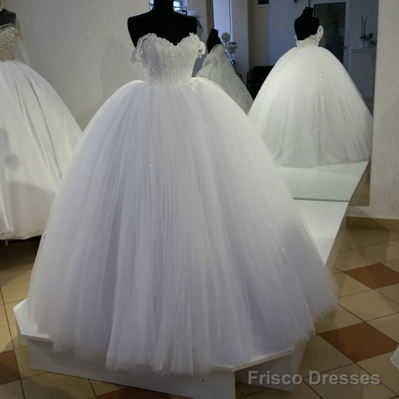 White Lace Off Shoulder Tulle Wedding Dresses Ball Gowns