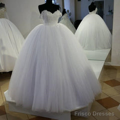 White Lace Off Shoulder Tulle Wedding Dresses Ball Gowns