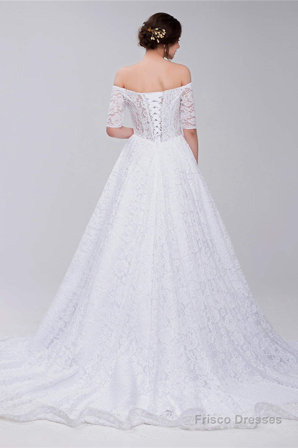 White Lace Off The Shoulder Short Sleeve Corset Wedding Dresses