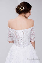 White Lace Off The Shoulder Short Sleeve Corset Wedding Dresses