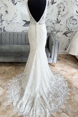 White Lace Open Back Mermaid Long Wedding Dress Beautiful
