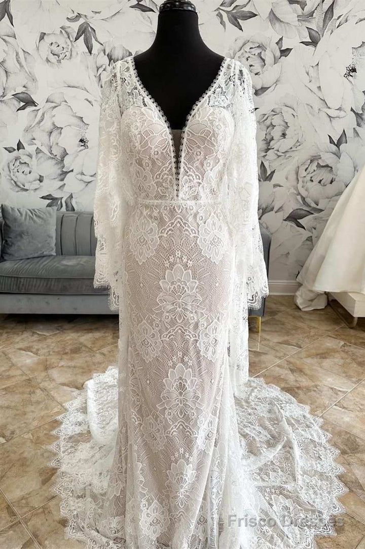 White Lace Plunge V Mermaid Long Wedding Dress With Bell Sleeves Sexy Main image