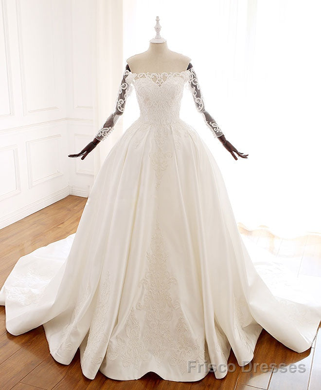 White Lace Satin Long Wedding Dress, Lace Satin Long Bridal Gown