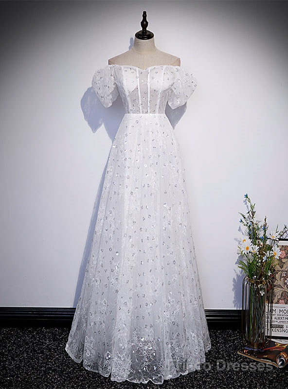 White Lace Sequins Off the Shoulder Prom Dress Main image