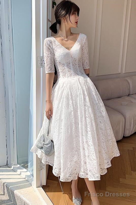 White Lace Short Sleeves Tea Length Wedding Party Dress, White Graduation Dresses Secondary image