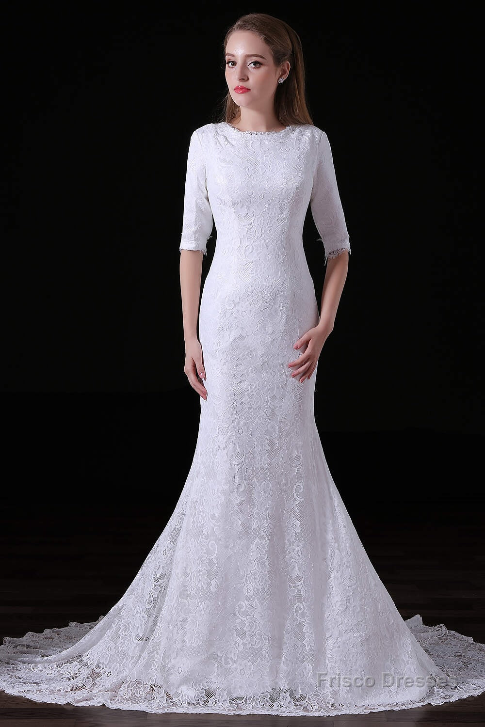 White Lace Sleeves Button Back Mermaid Wedding Dresses Main image