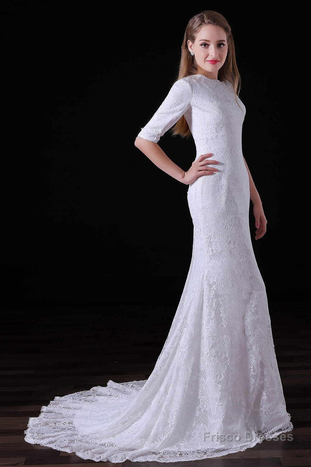 chinese dress ladies White Lace Sleeves Button Back Mermaid Wedding Dresses – Frisco Dresses