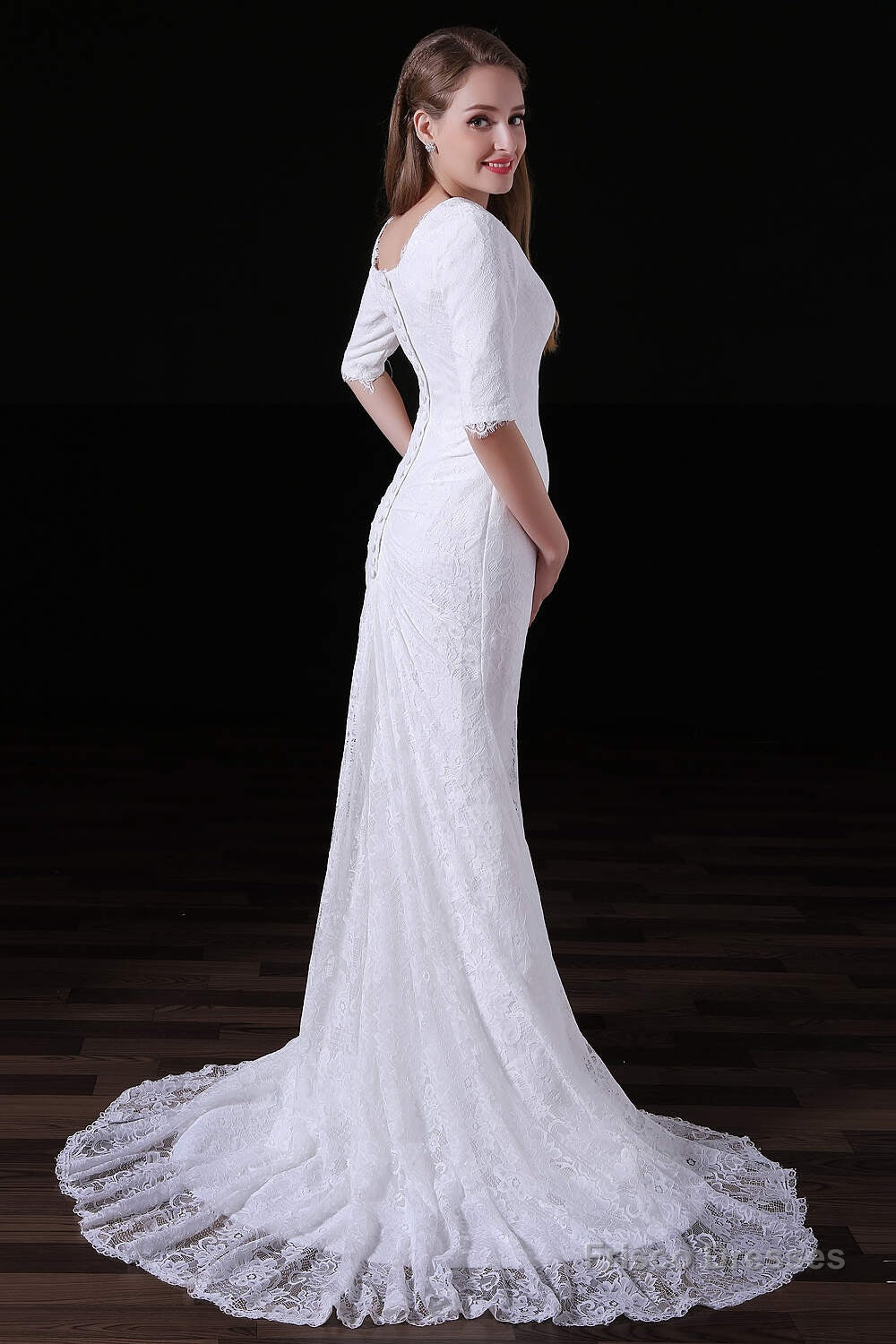 chinese dress ladies White Lace Sleeves Button Back Mermaid Wedding Dresses – Frisco Dresses