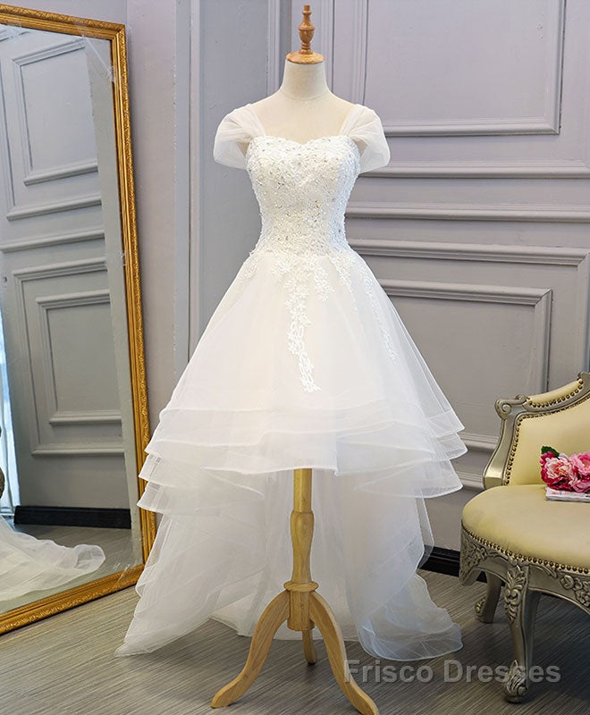 White Lace Tulle High Low Long Wedding Dress, Bridal Dress Main image