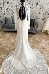 White Lace V-Neck Lace-Up Back Long Sleeve Mermaid Wedding Dress Sexy