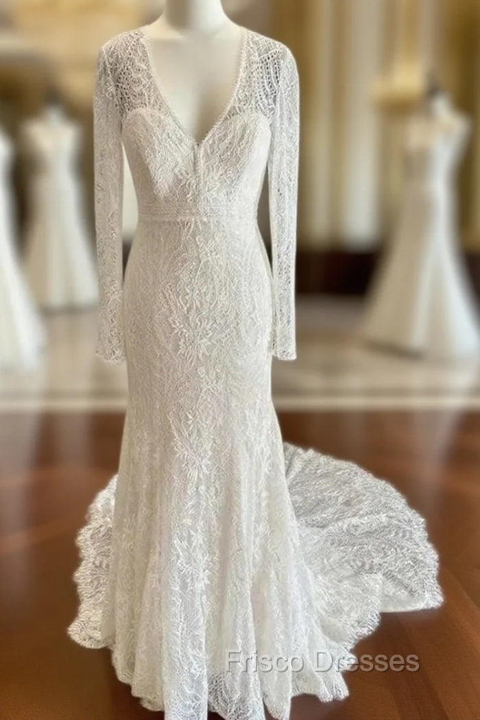 White Lace V-Neck Lace-Up Back Long Sleeve Mermaid Wedding Dress Sexy