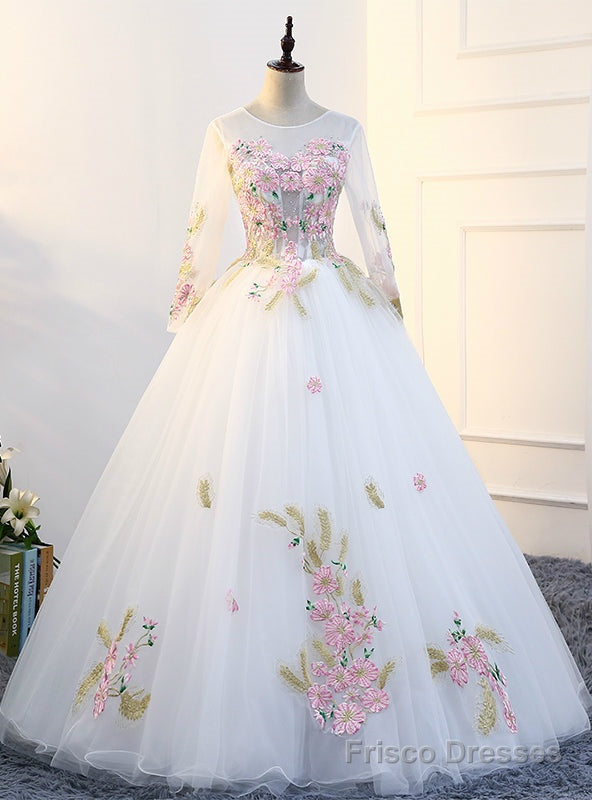 White Long Sleeve Tulle Appliques Beading Quinceanera Dresses Main image