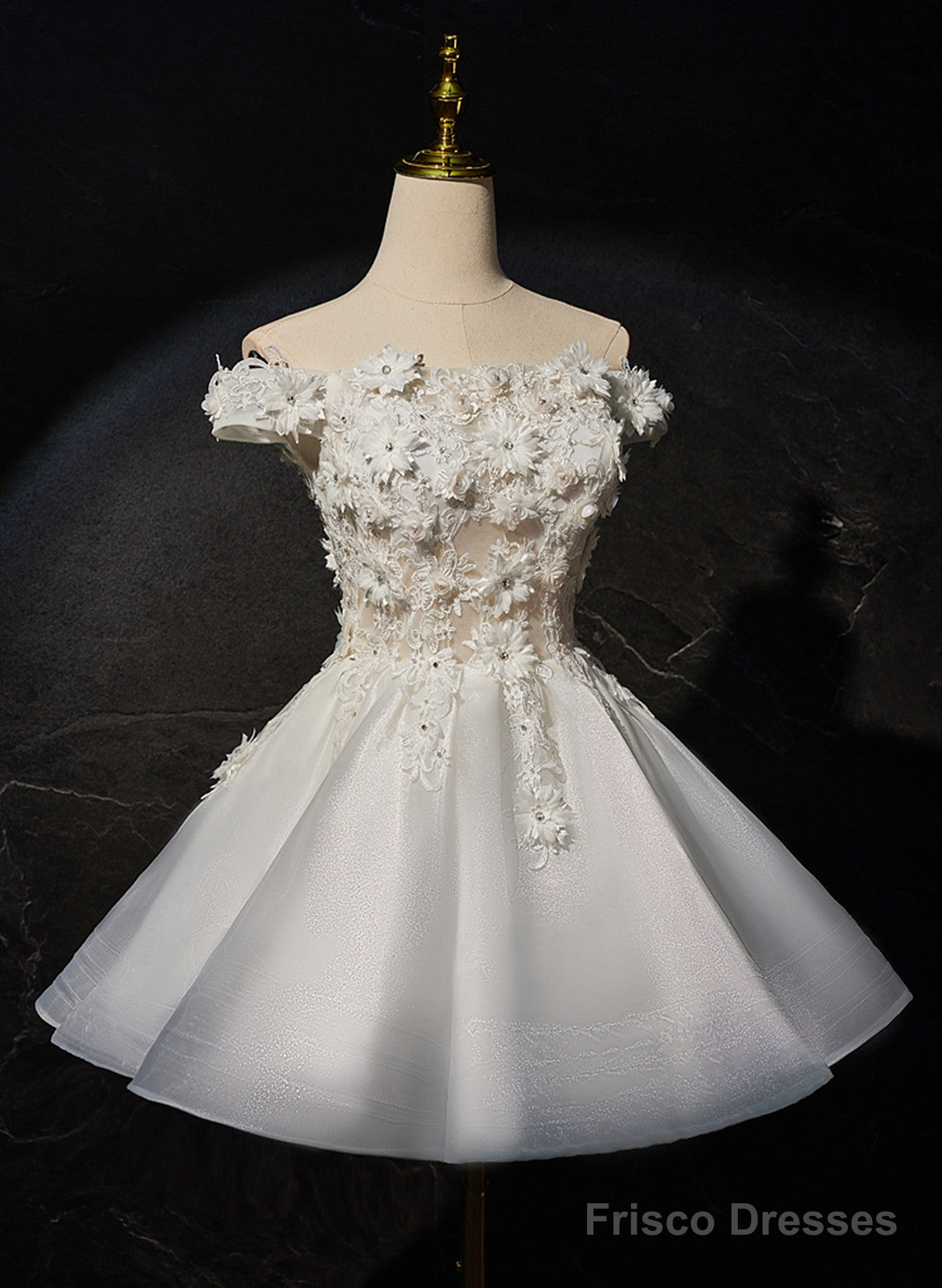 White Lovely Short Tulle With Lace Off Shoulder Party Dress, White Graduation Dress Prom Dress