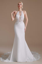 White Mermaid Halter Backless Sweep Train Wedding Dresses with Lace